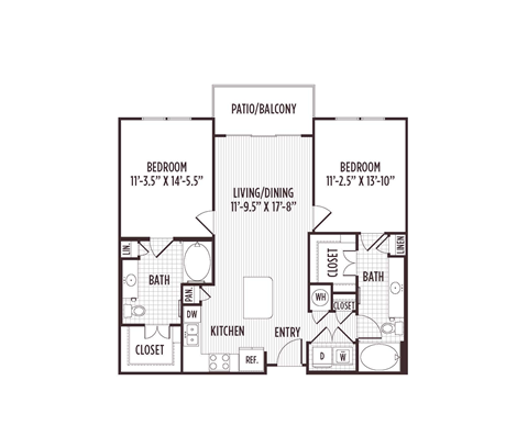 Floor plan for 2 beds, 2 baths, 1058 sqft
